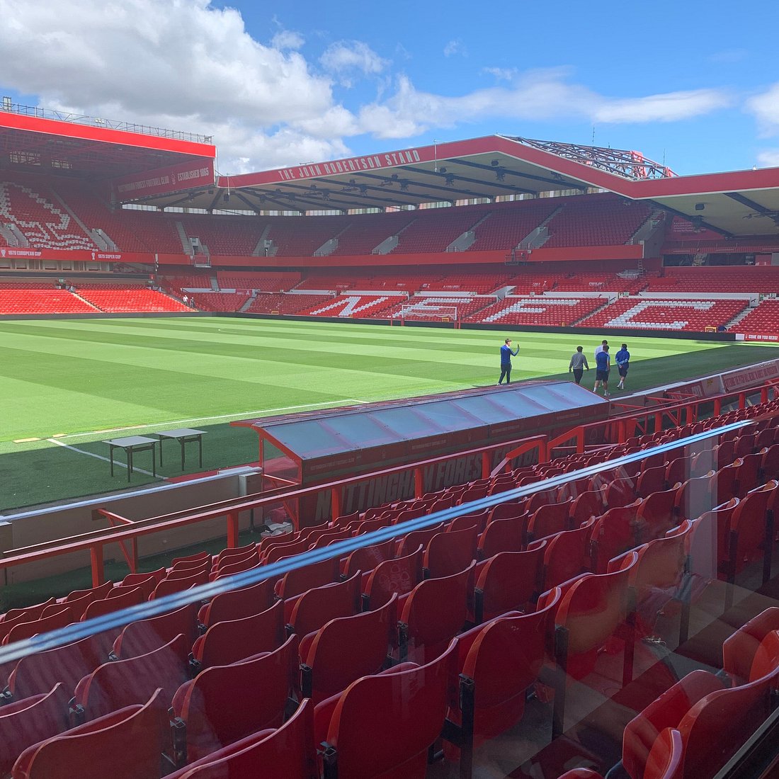 The City Ground, venue of Nottm Forest vs Brest, showing the red seats and the John Robertson Stand