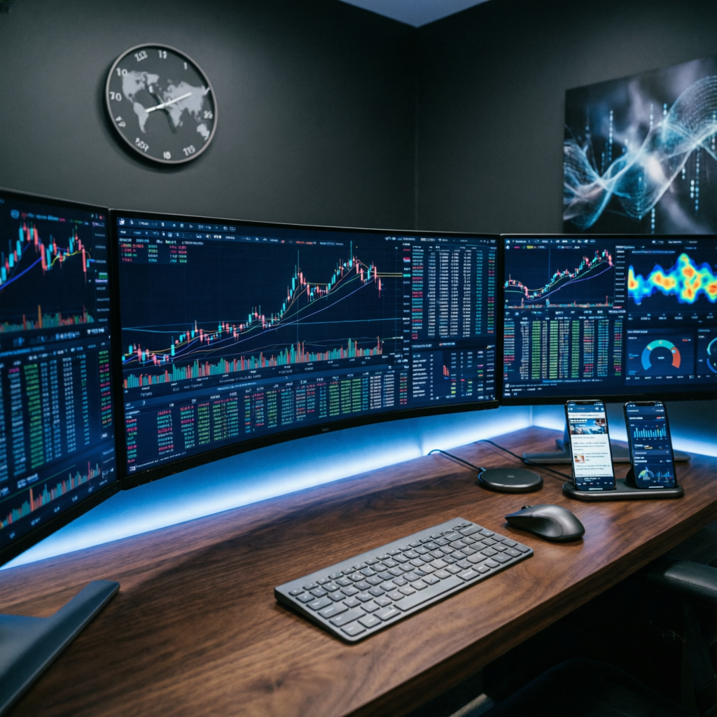 Professional futures trading desk with multiple monitors showing Topstep platforms