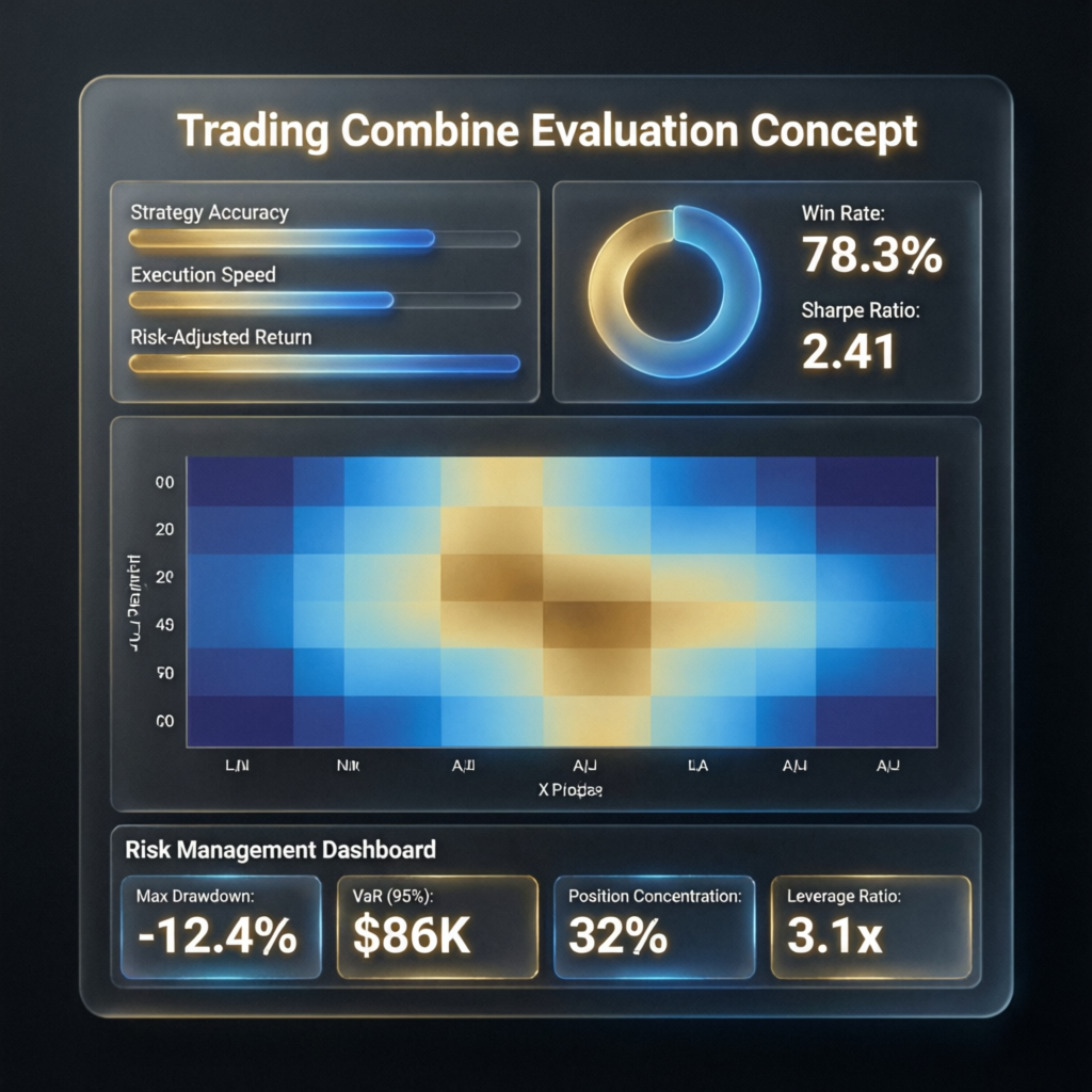 Trading Combine evaluation concept with performance metrics and risk dashboard