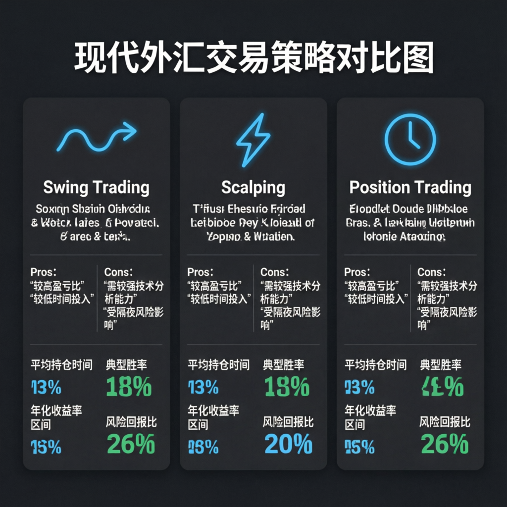 Trading strategy comparison showing swing trading, scalping, and position trading approaches