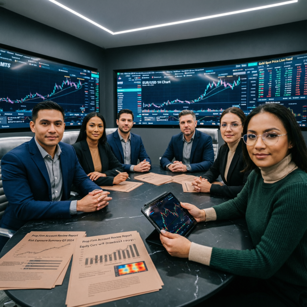 Professional trading team at PFM Capitals reviewing prop firm account performance