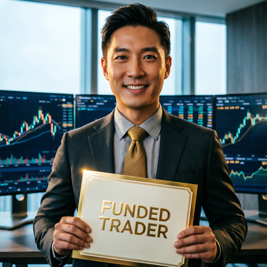 Successful funded trader holding certificate celebrating achievement