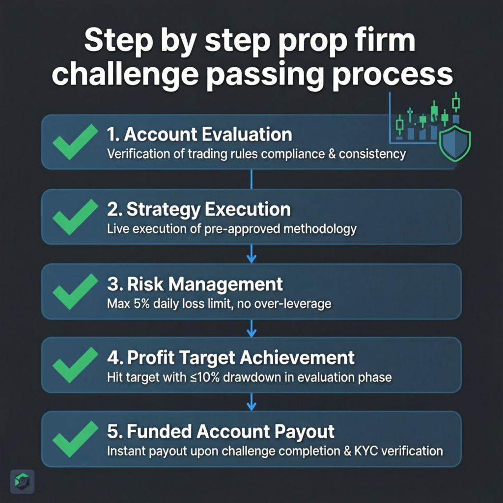 Step by step prop firm challenge passing process infographic