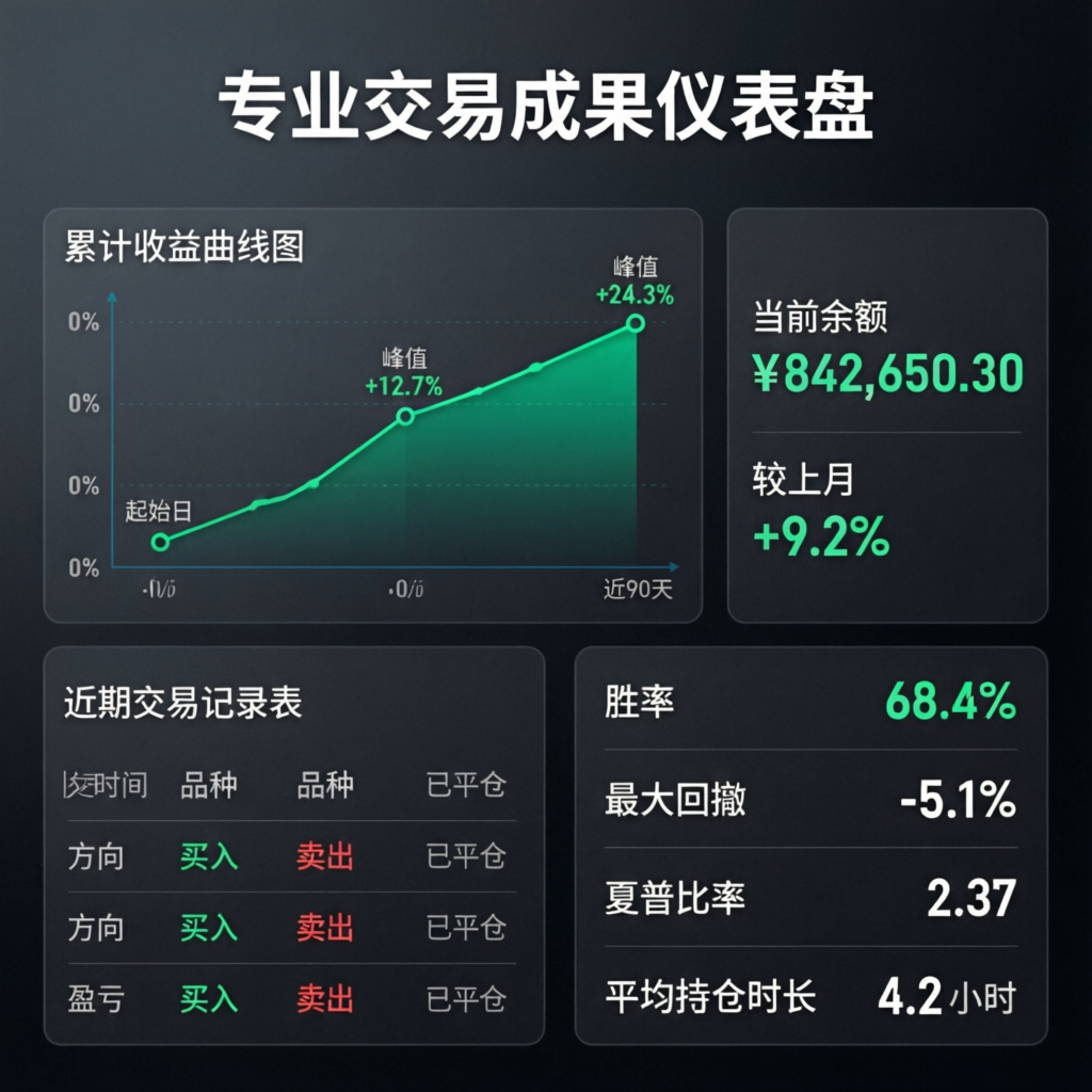 Professional trading results dashboard showing profit growth curve and performance statistics