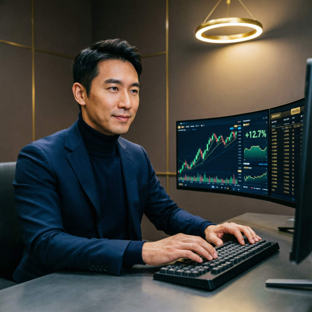 Professional trader focused on trading screens showing profitable chart analysis