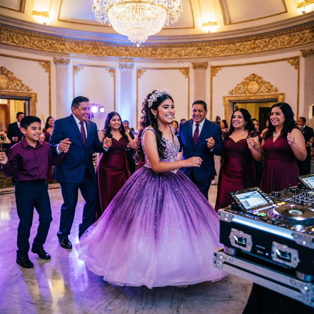 Quinceañera celebration with DJ equipment and uplighting