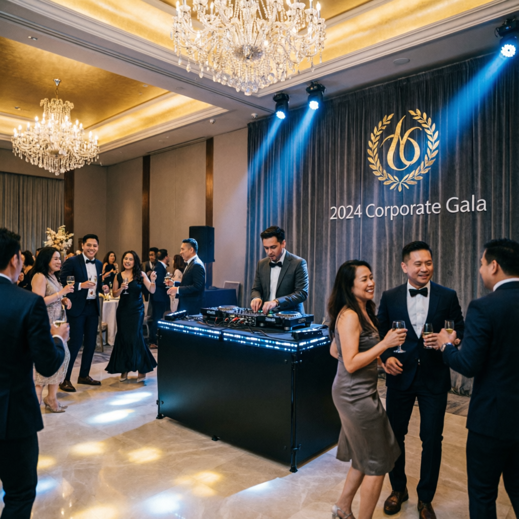 Corporate event DJ setup with professional lighting