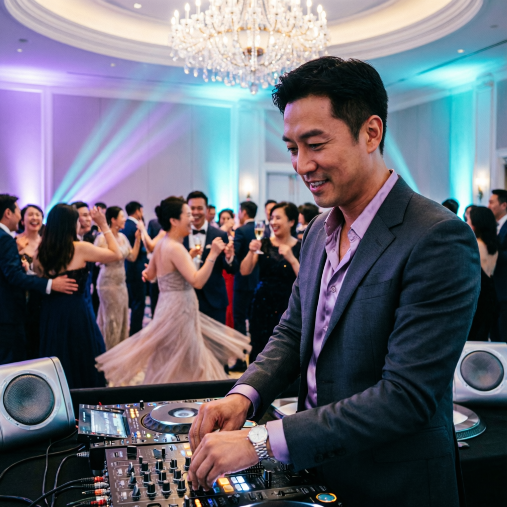 Wedding reception dance floor with purple and cyan lighting