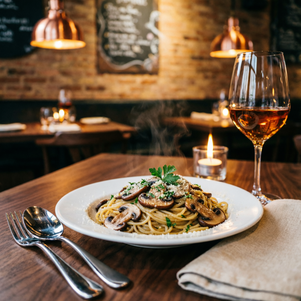 Prato gourmet com shiitake em restaurante italiano