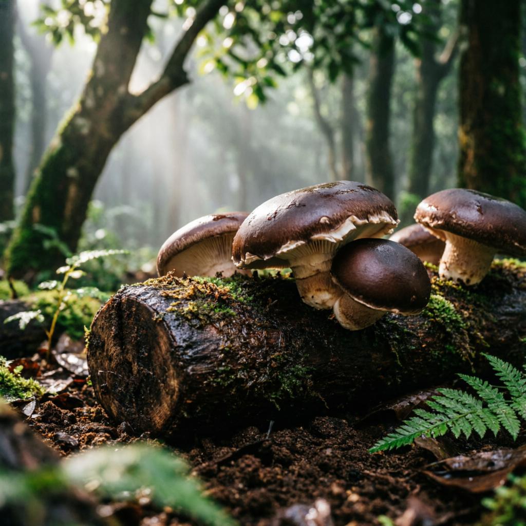 Shiitake cultivado em toras de madeira na floresta