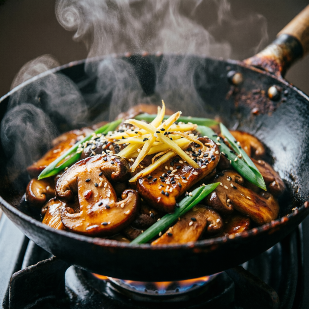 Stir-fry asiático com shiitake no wok