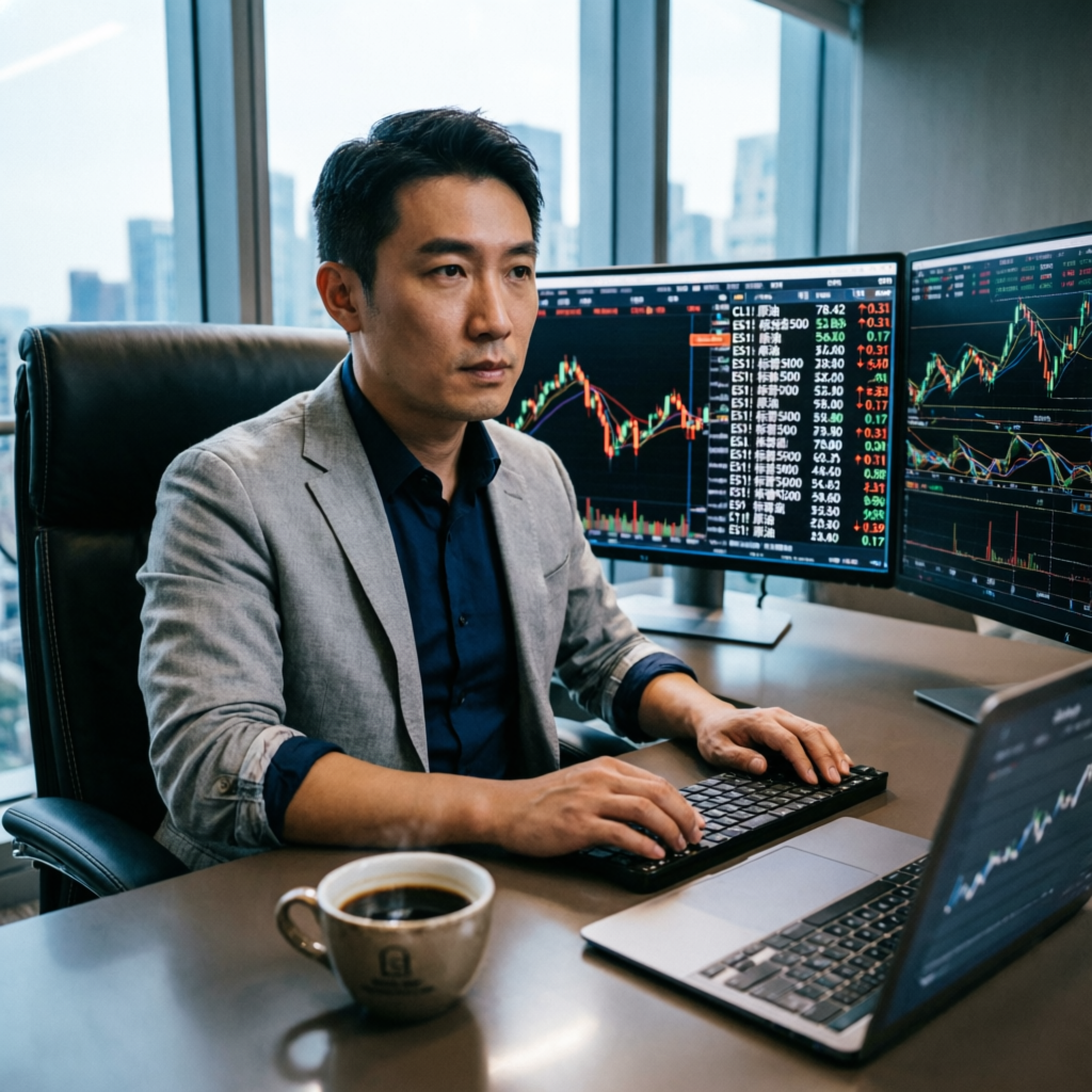 Professional futures trader at multi-monitor desk setup