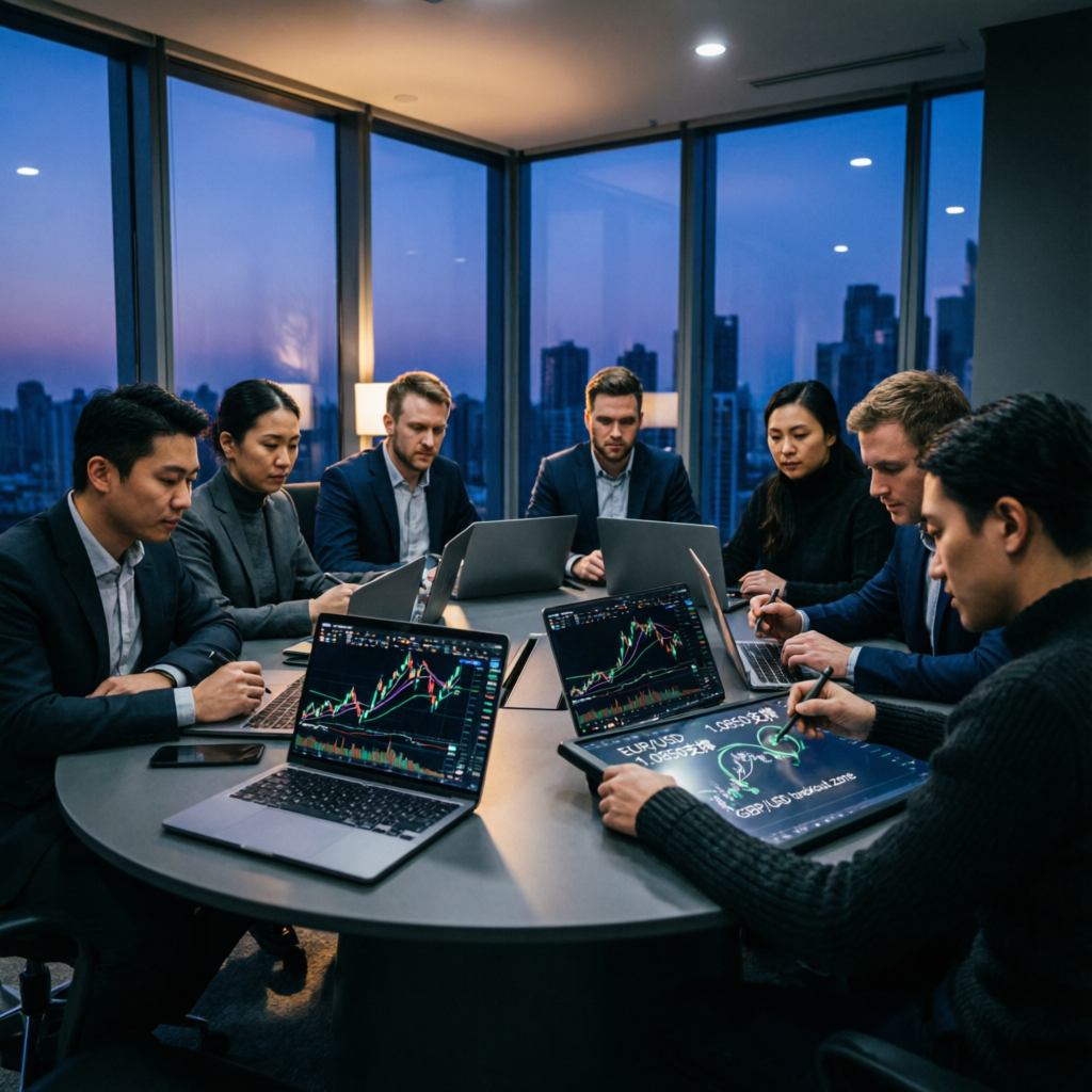 Professional trading team analyzing forex markets for prop firm challenge passing