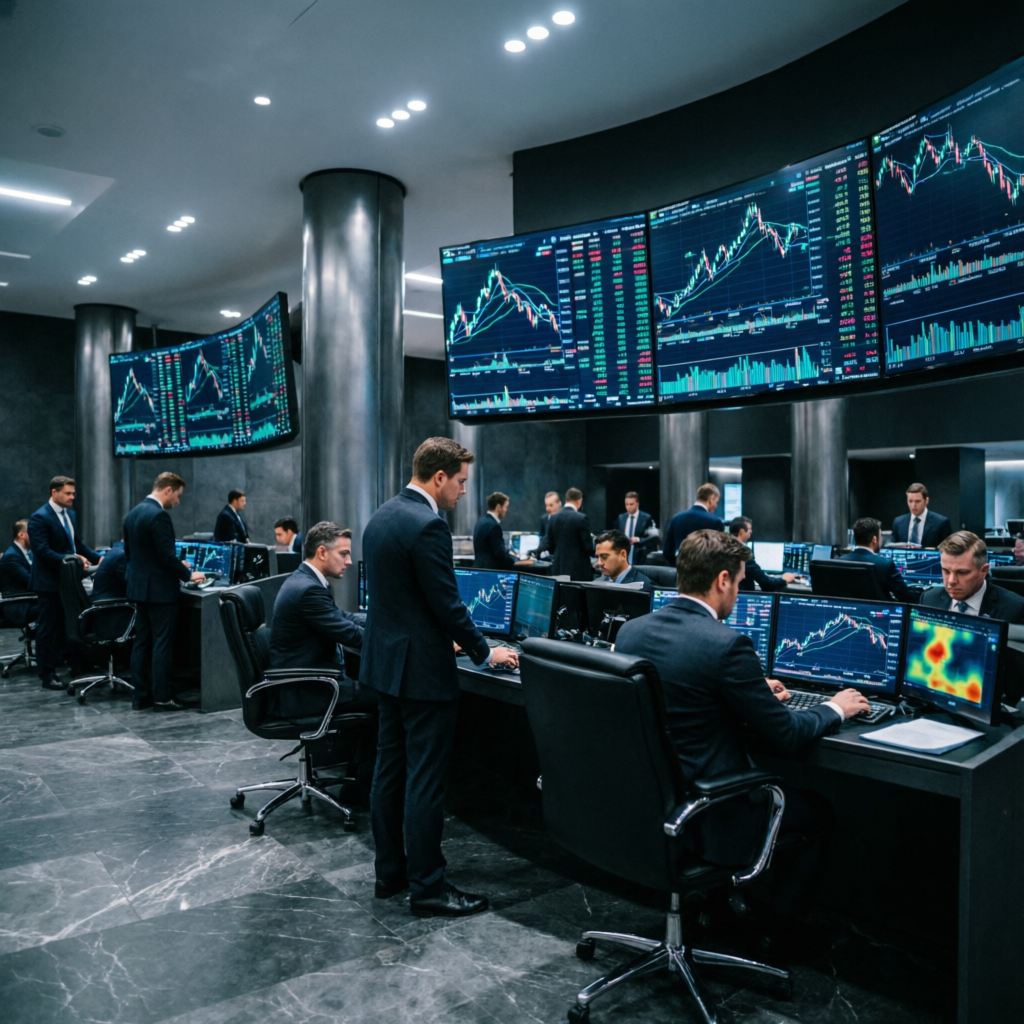 Professional trading floor with multiple traders analyzing forex markets