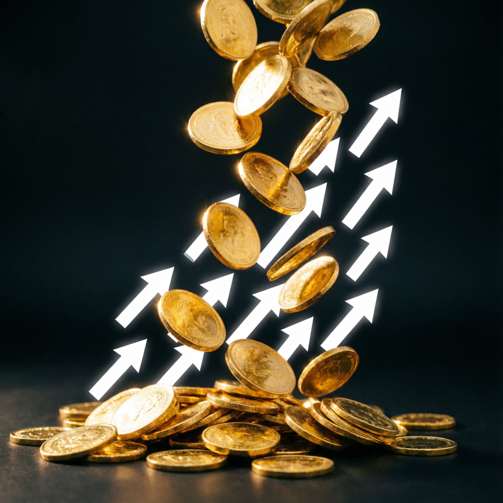 Golden coins and upward arrows representing prop firm funded account profit growth