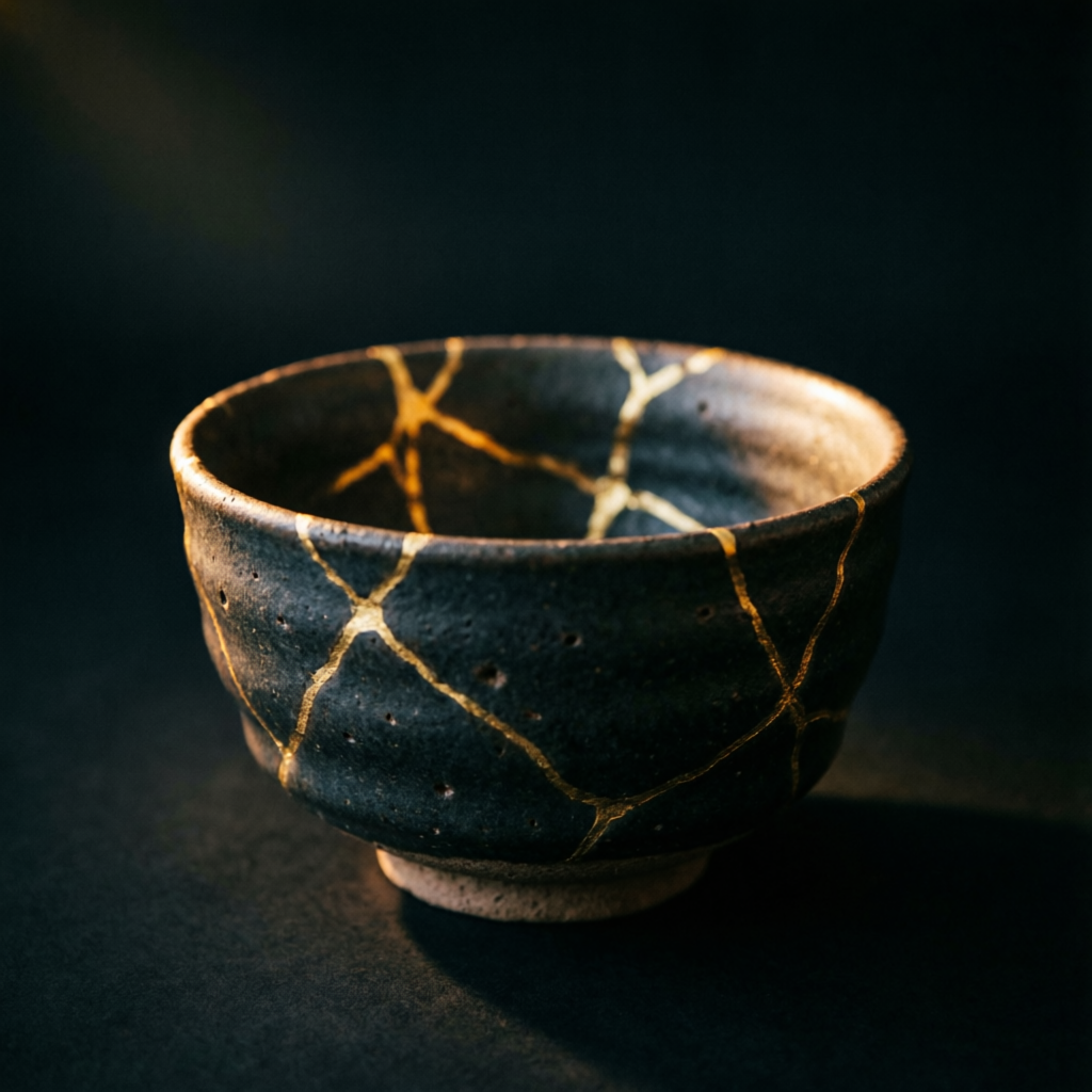 Cuenco de cerámica reparado con oro (kintsugi)
