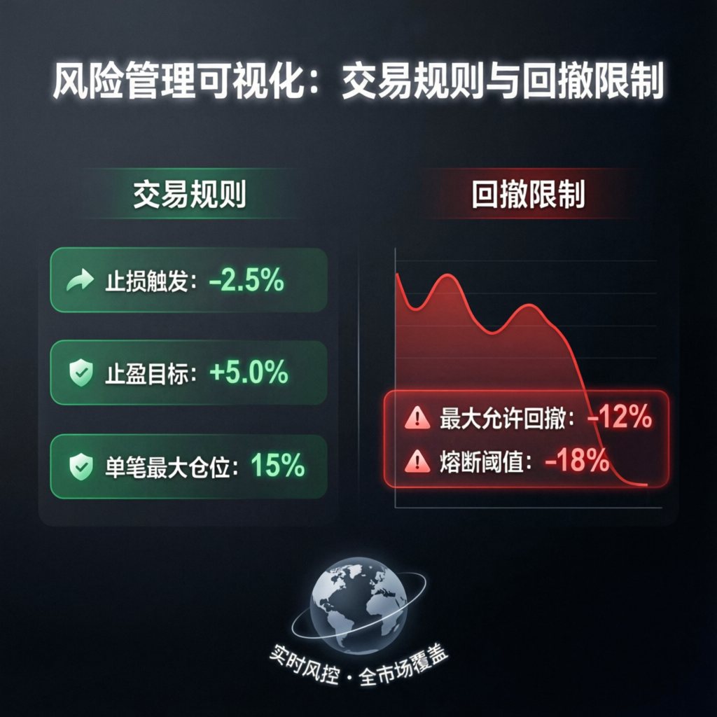 Risk management visualization showing trading rules and drawdown limits