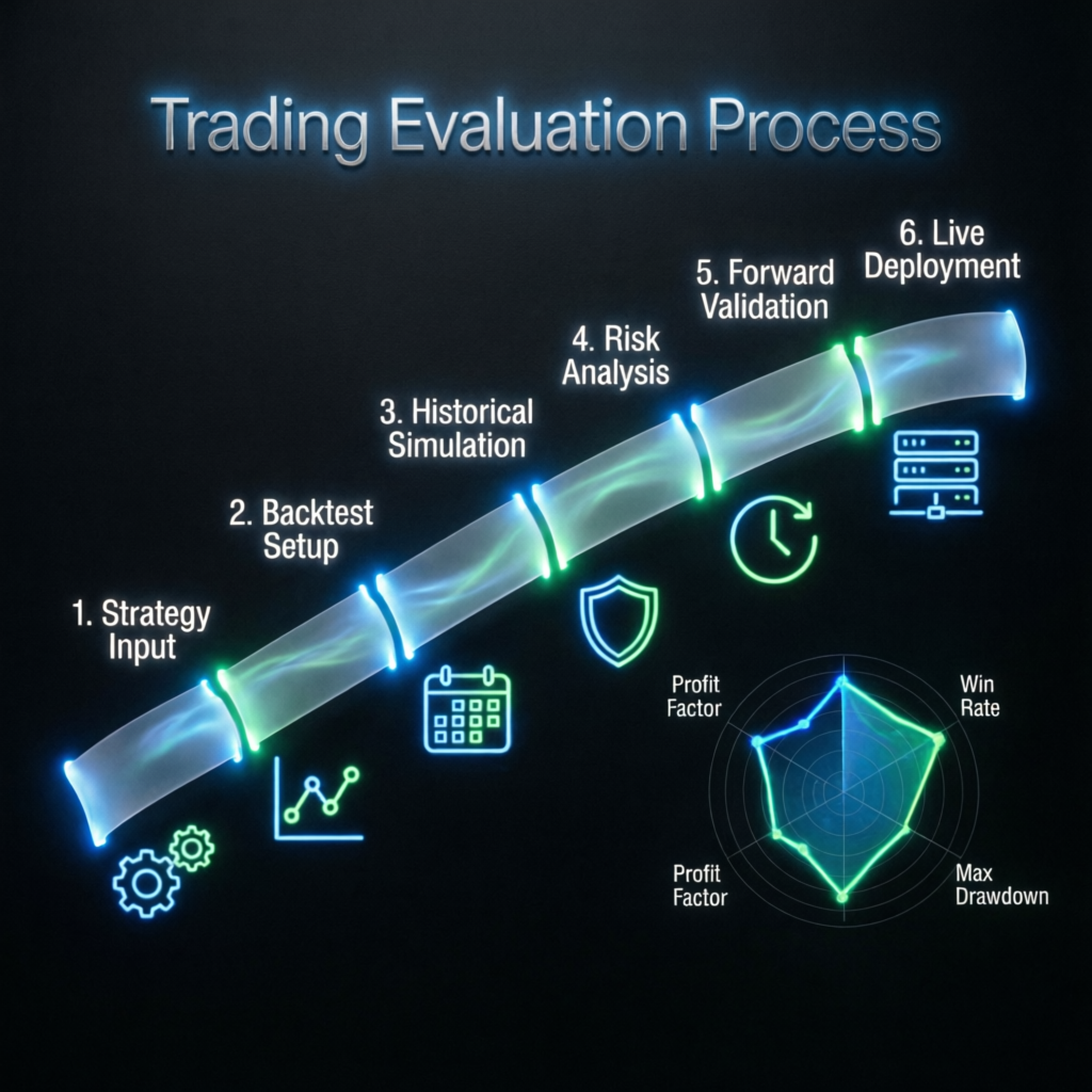 Trading evaluation process steps from strategy input to live deployment