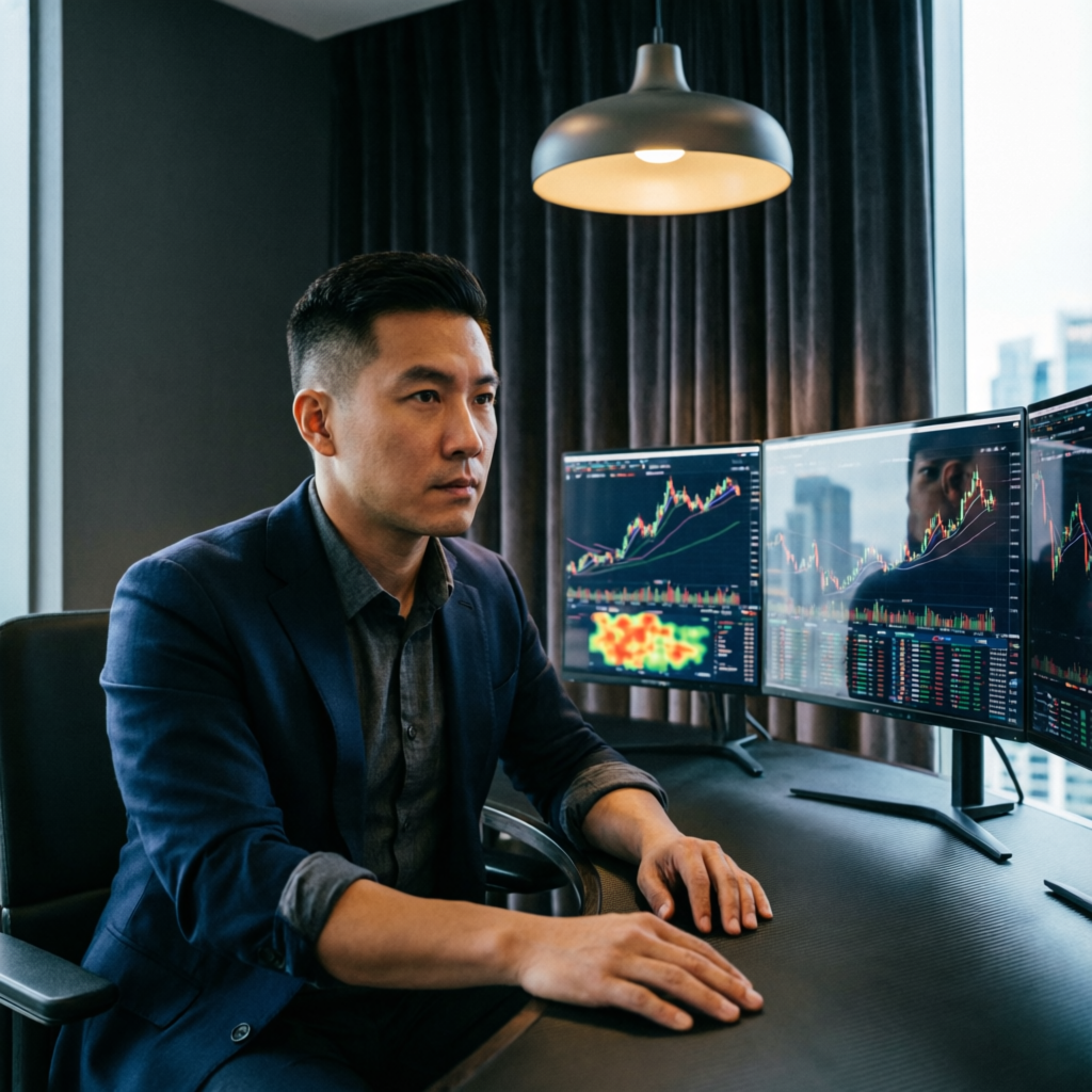 Professional forex trader analyzing charts on multiple monitors