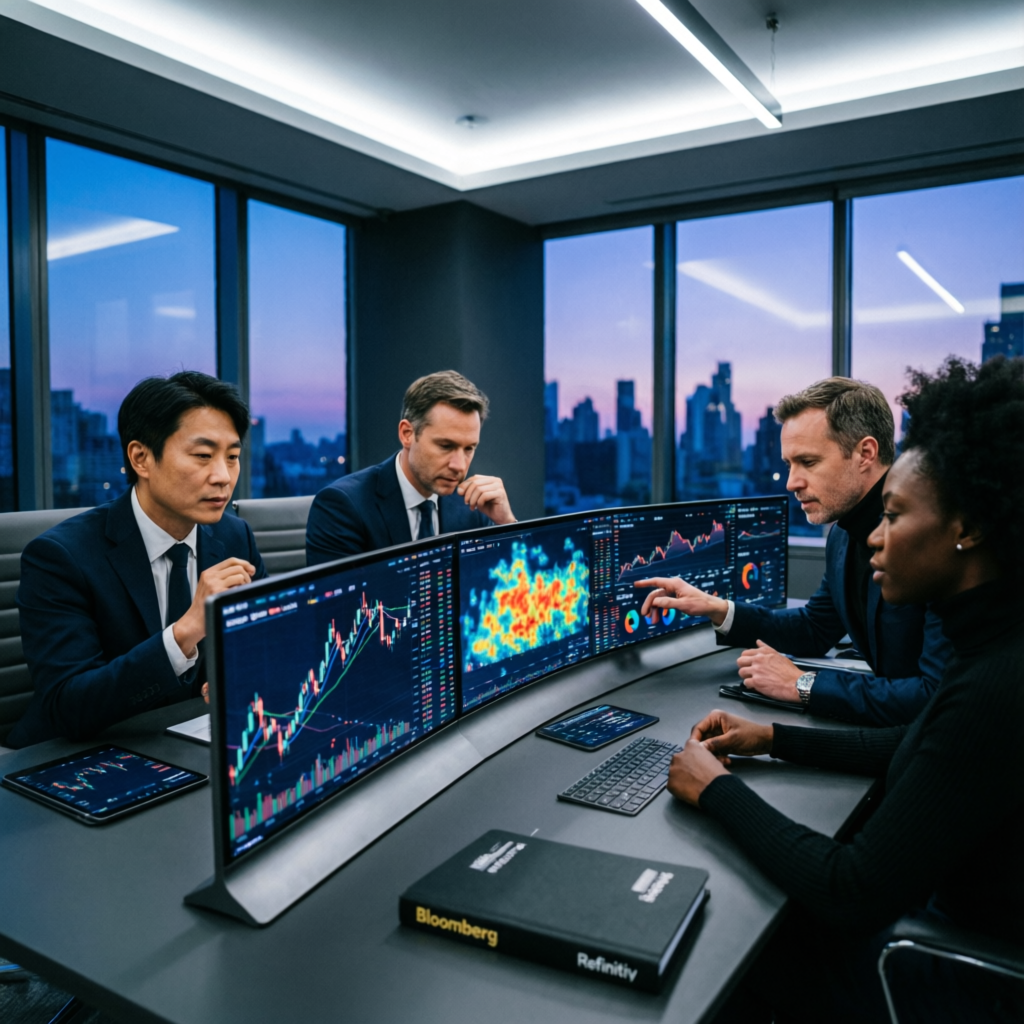 Professional trading team collaborating on funded account strategies