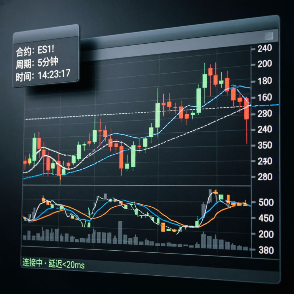 Futures trading chart on NinjaTrader platform with technical indicators