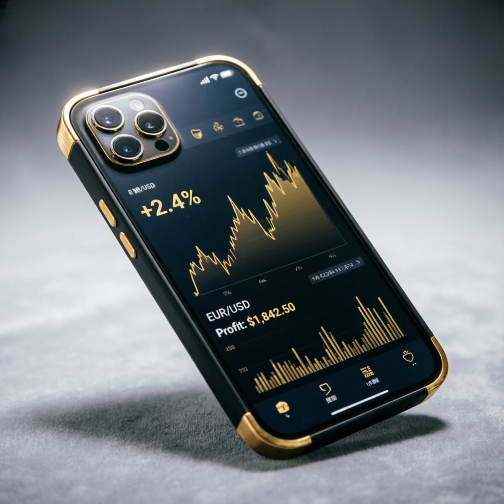 Mobile trading app showing profitable forex trades on premium device