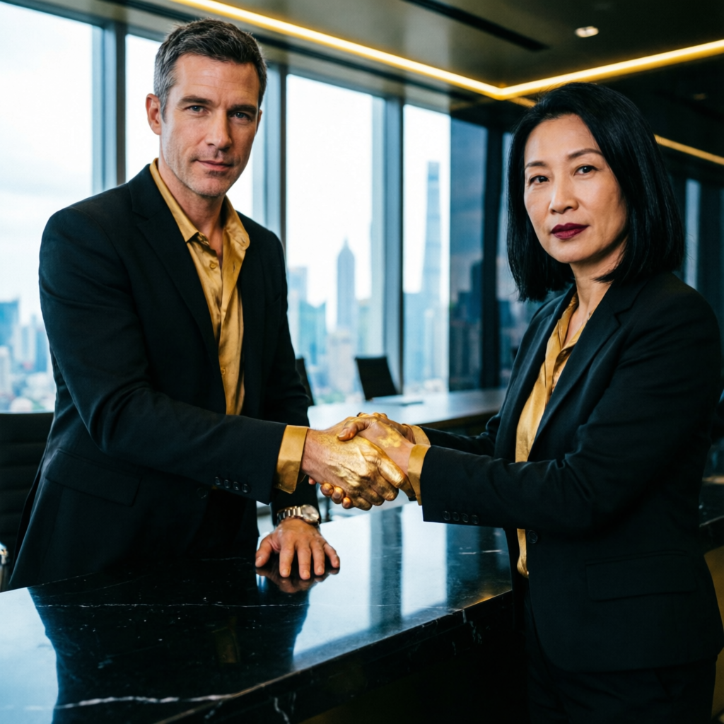 Professional trust and partnership handshake in premium trading environment