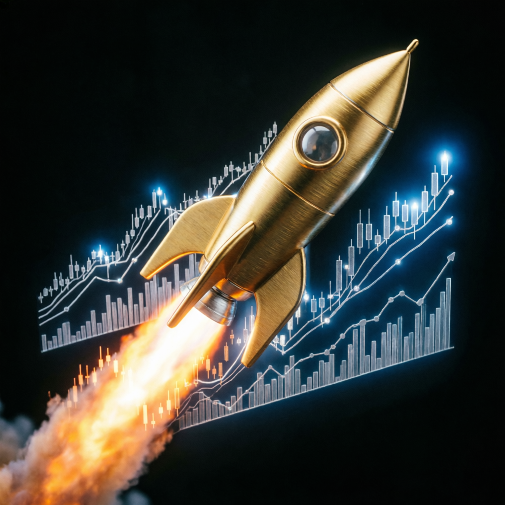 Financial growth rocket launching through trading charts representing prop firm success
