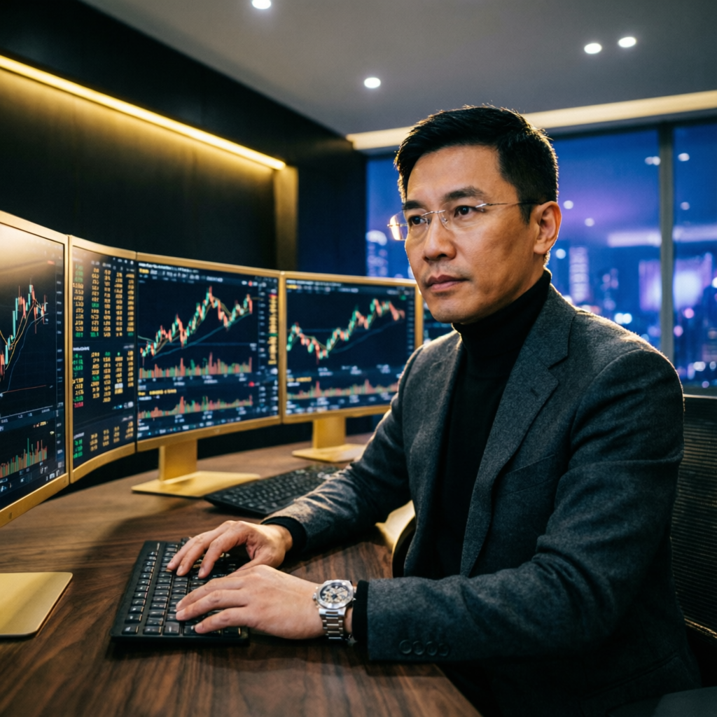 Professional forex trader analyzing Topstep trading plan on multiple monitors