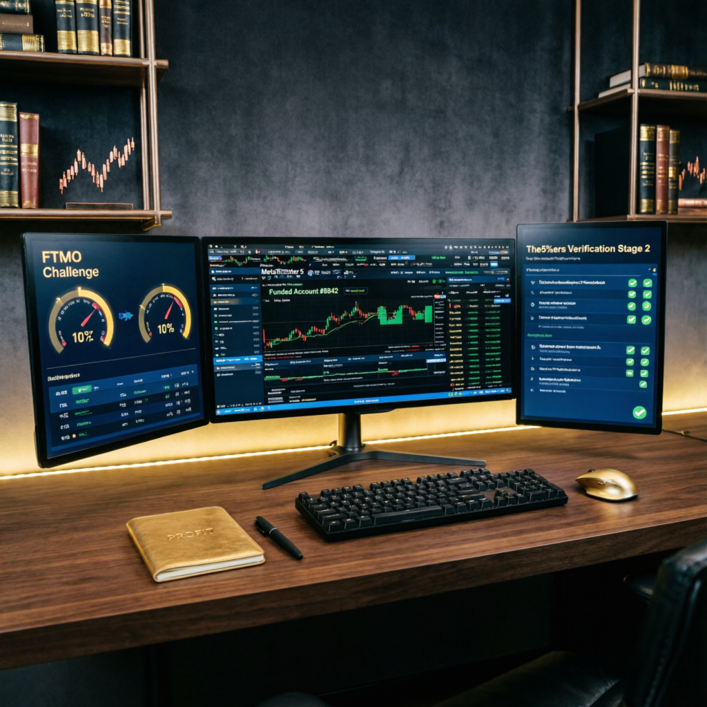 Professional prop firm trading workspace with multiple platforms