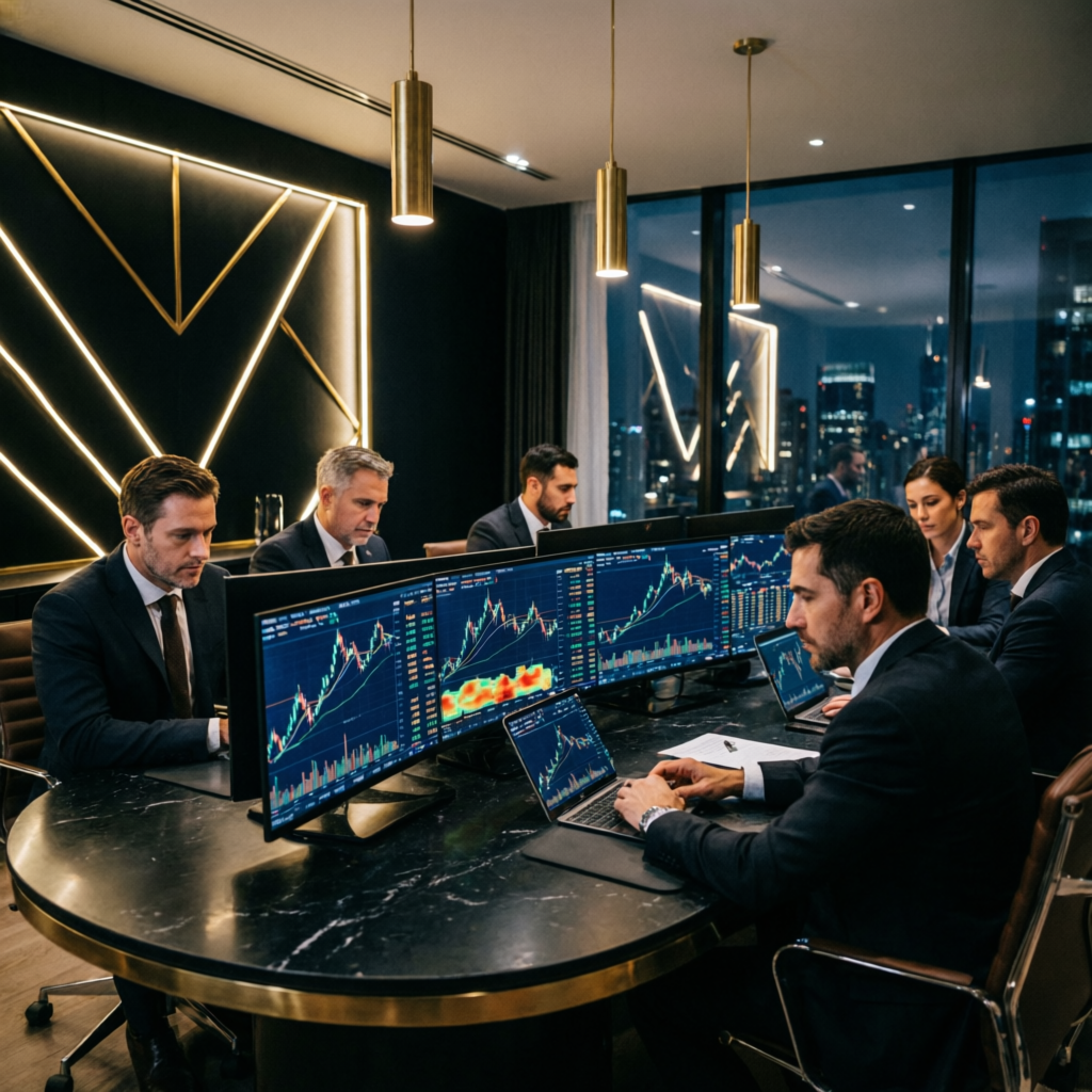 Professional trading team analyzing Topstep prop firm performance