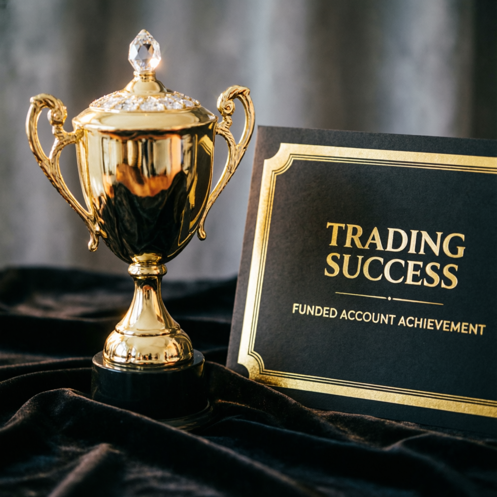 Trading success trophy and funded account achievement certificate