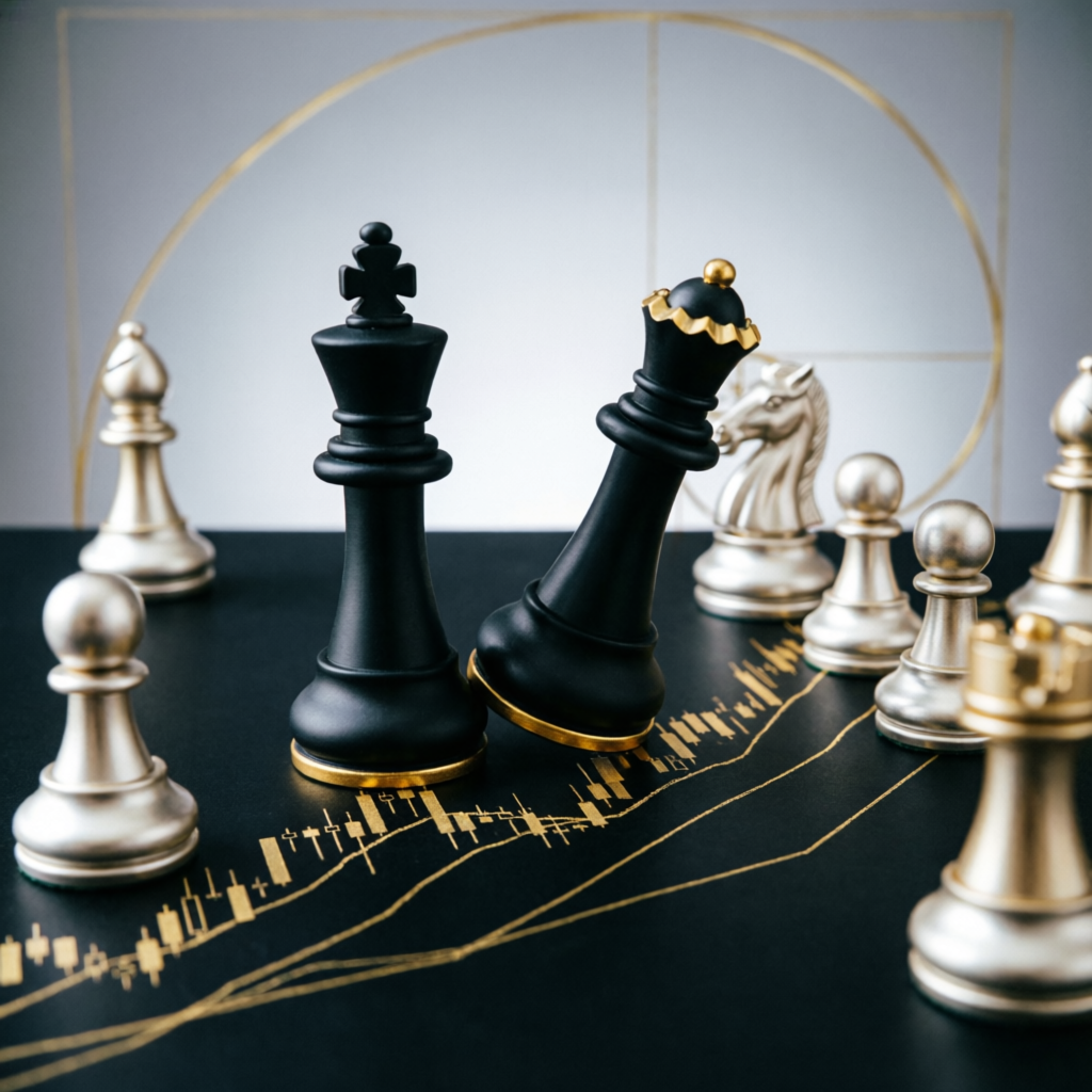 Strategic trading approach with chess pieces representing prop firm challenge strategy