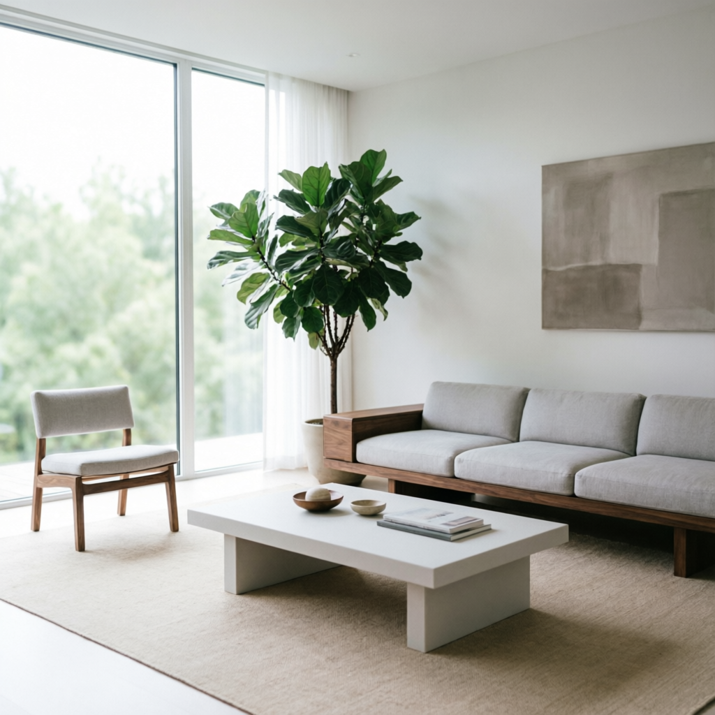 Elegant modern living room interior with large windows and minimalist furniture