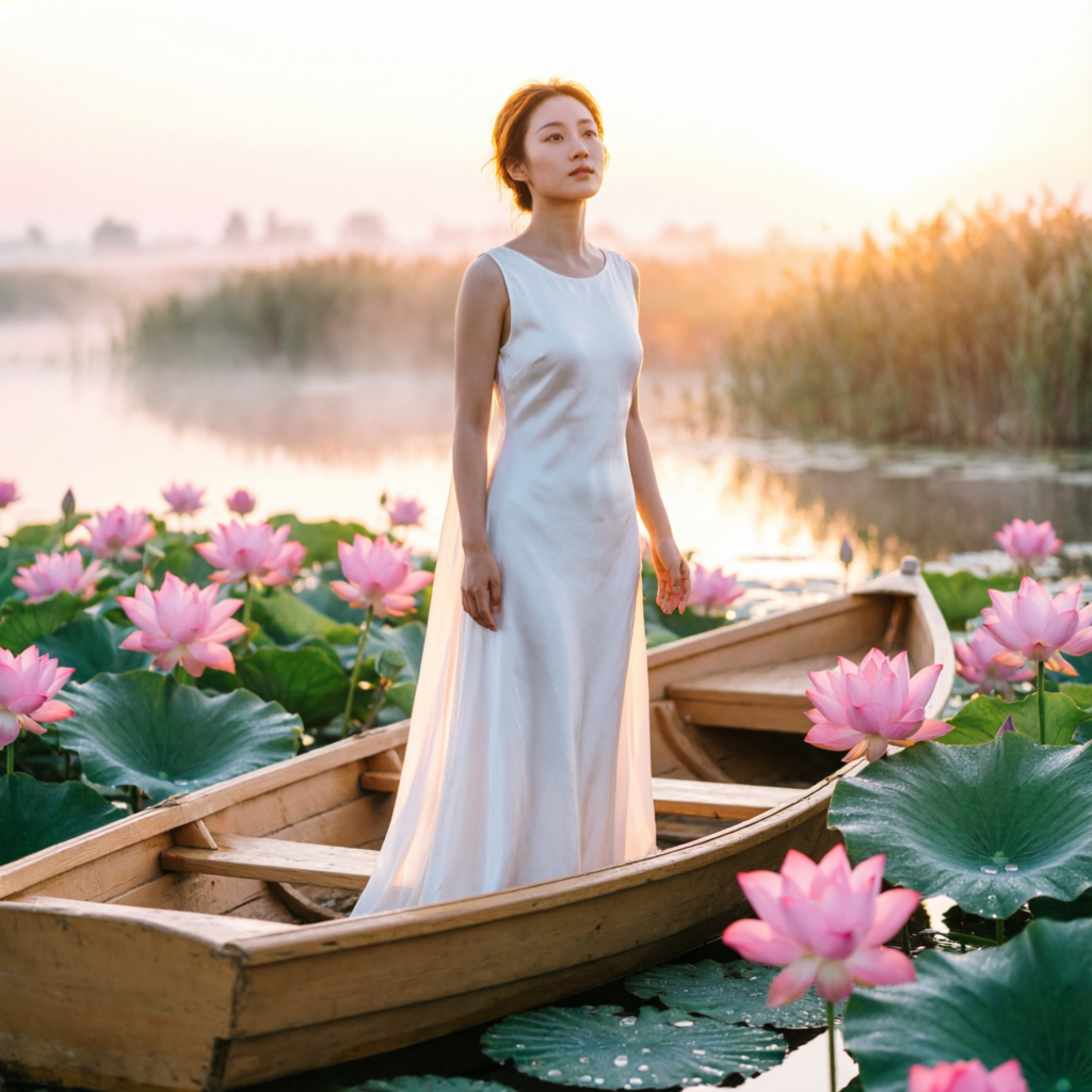 Девушка в лодке среди лотосов
