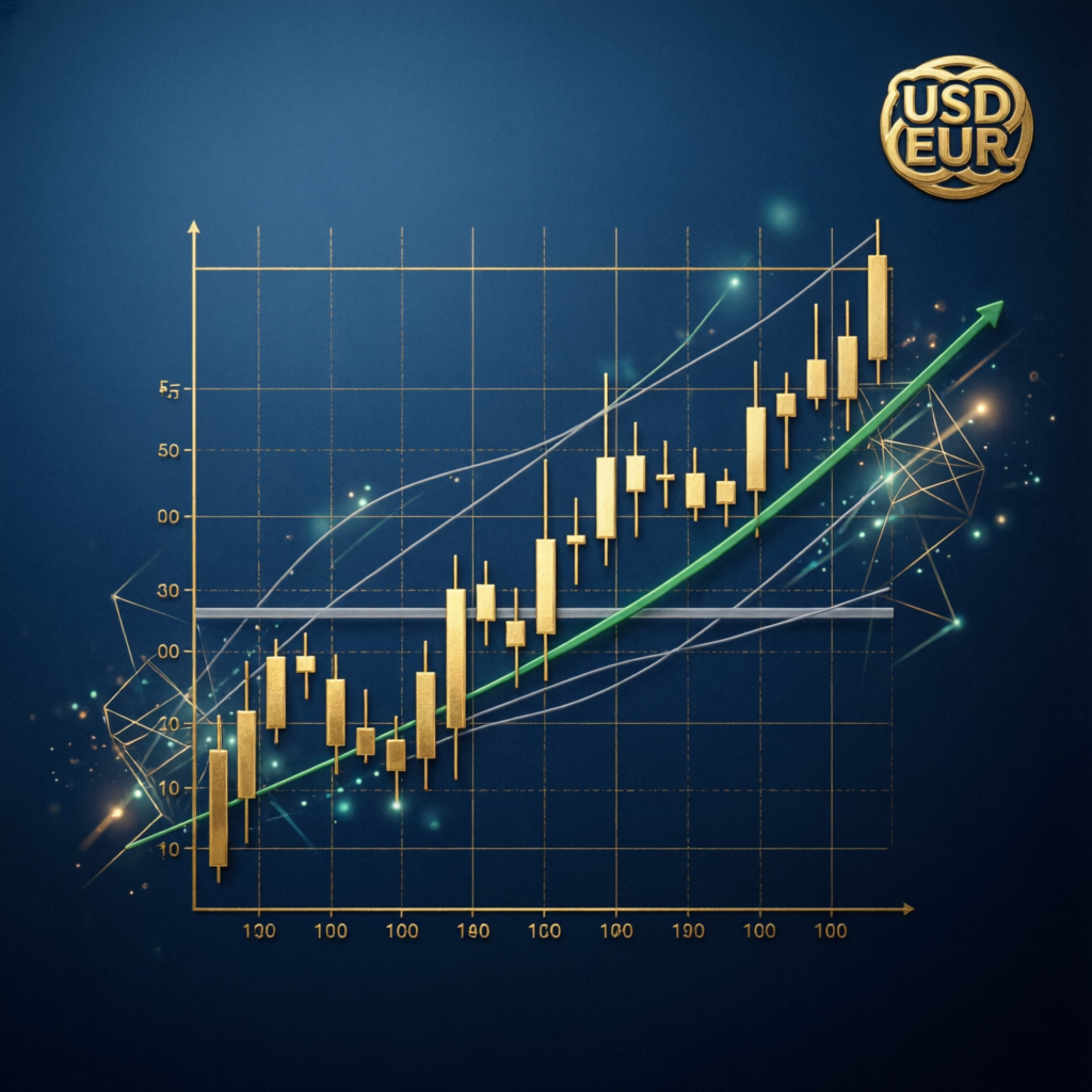 Professional forex trading strategy chart with golden candlestick patterns and trend analysis