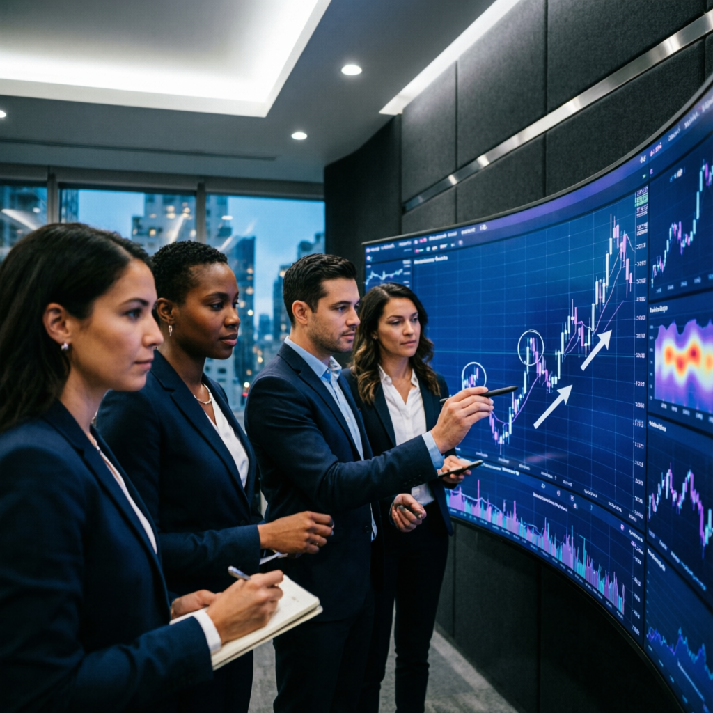 Professional trading team analyzing forex charts and prop firm strategies