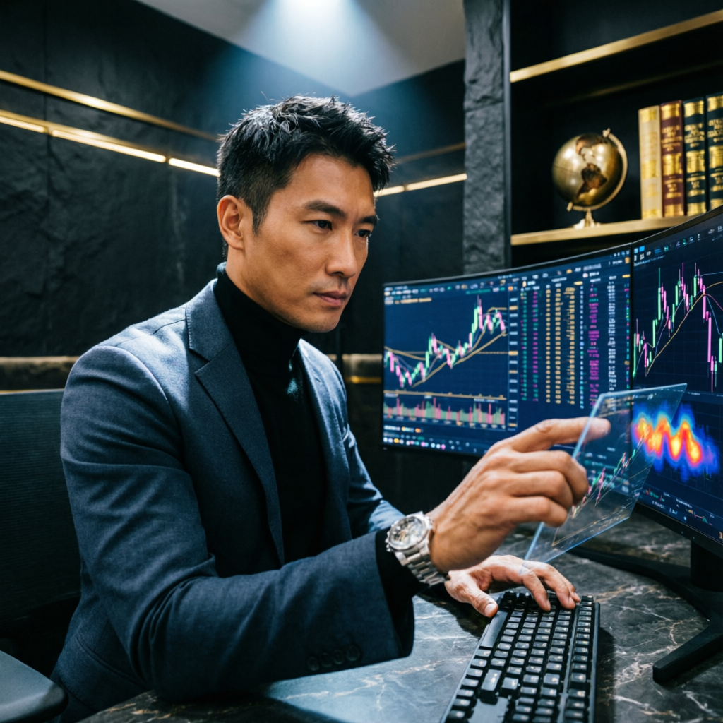 Professional forex trader managing prop firm accounts with multiple monitors showing financial charts
