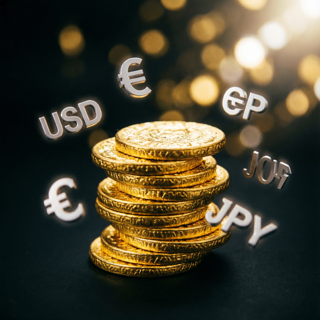 Gold coins and forex currency symbols representing forex account management profits