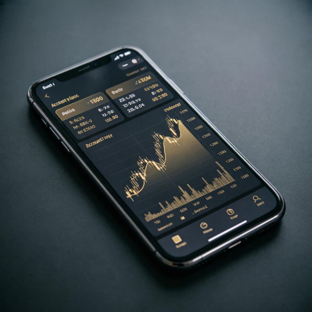 Mobile phone showing forex trading app with profit charts and account management