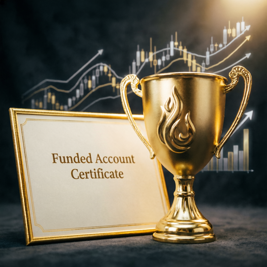 Funded account certificate and gold trophy representing prop firm success