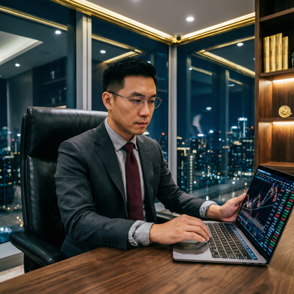 Professional trader working on laptop with forex charts in luxury office