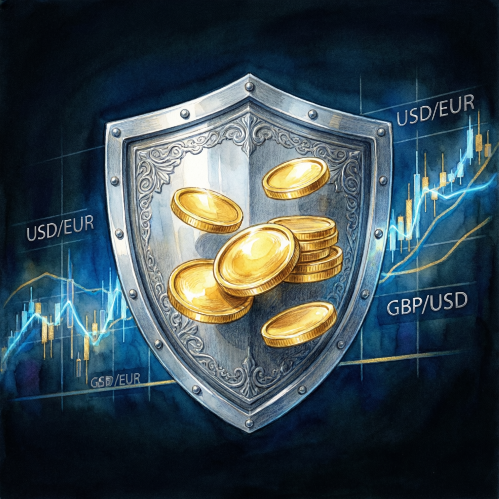 Risk management shield protecting forex trading capital with gold coins