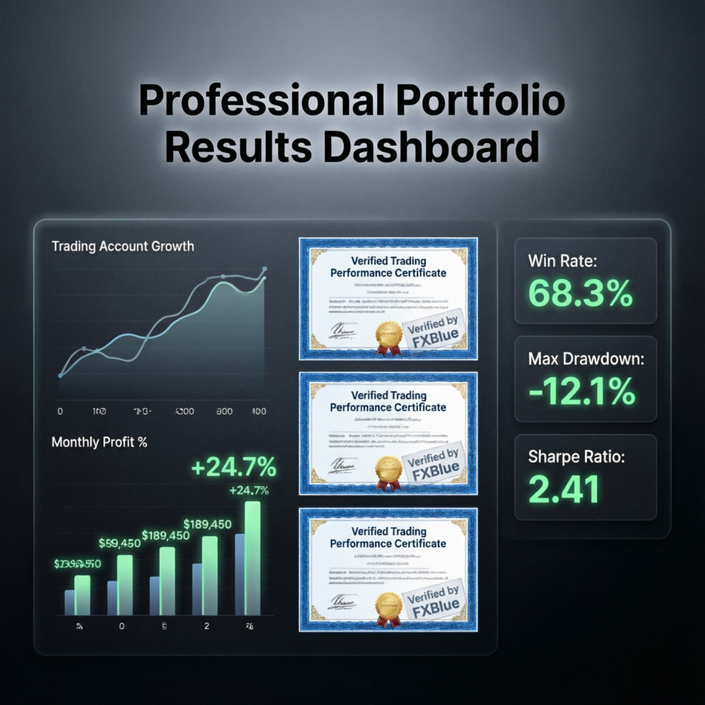 Professional portfolio results dashboard with trading account growth metrics and verified certificates