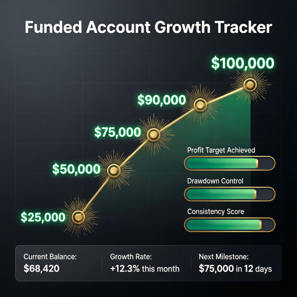 Funded account growth tracker showing profit milestones from $25K to $100K