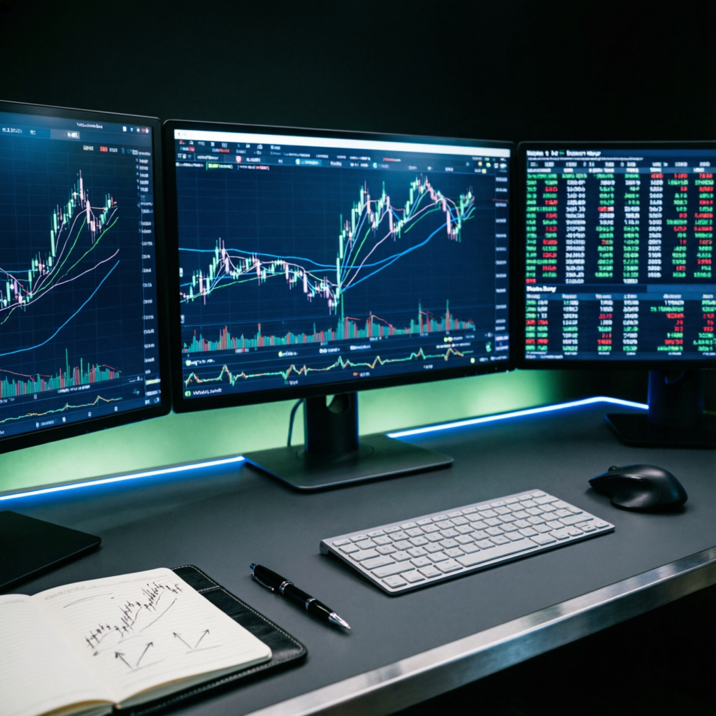 Professional forex trading setup with multiple monitors showing FundedNext funded account analytics