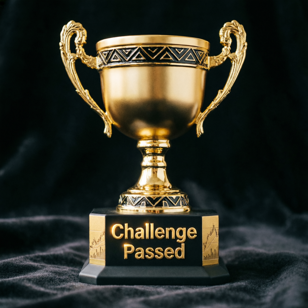 Challenge passed trophy representing successful FundedNext evaluation completion