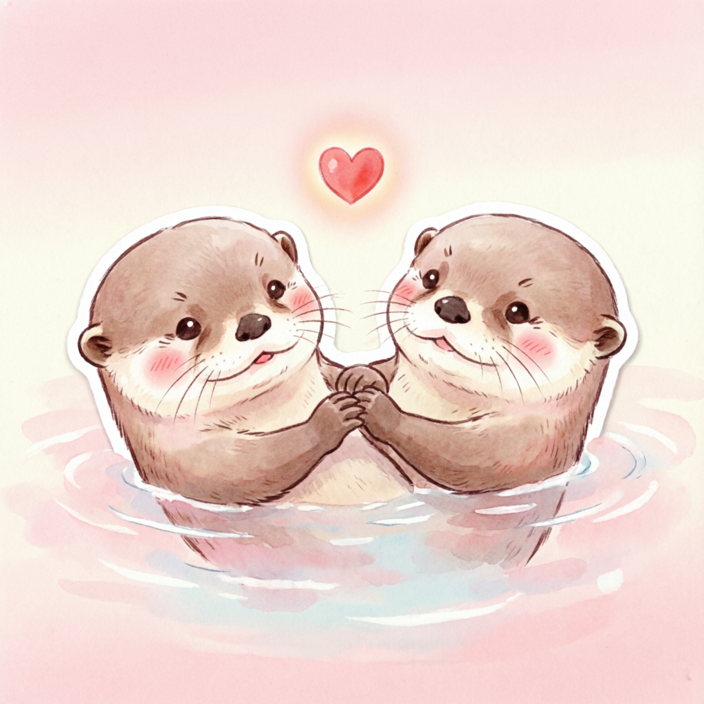 two otters holding paws with a heart above them