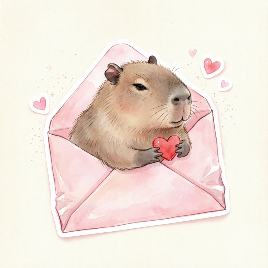 cute capybara peeking from a love letter envelope