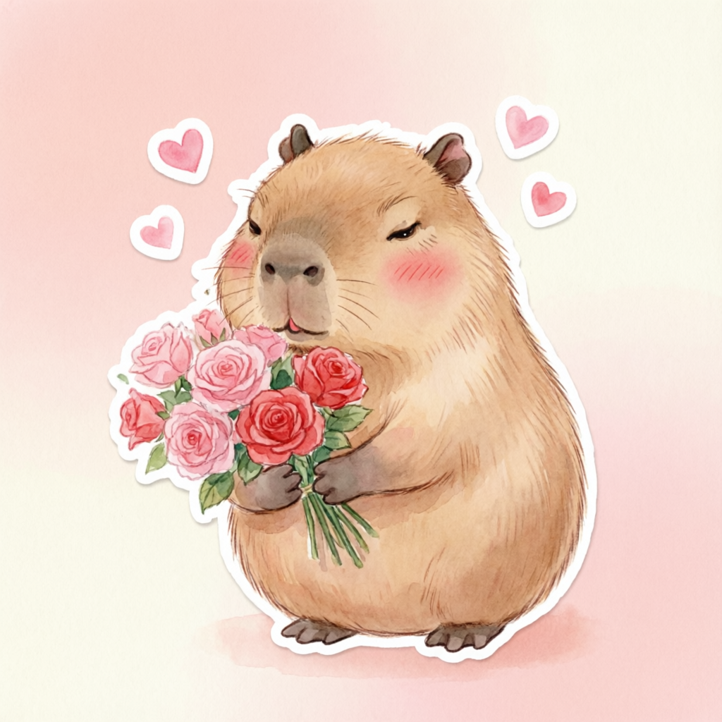 shy capybara holding a bouquet of roses